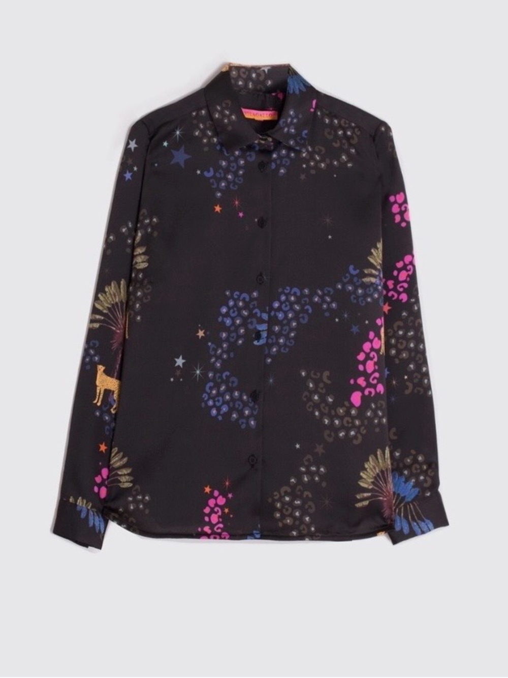 Vilagallo Black Button-Up Blouse with Multicolor Star & Floral Print
